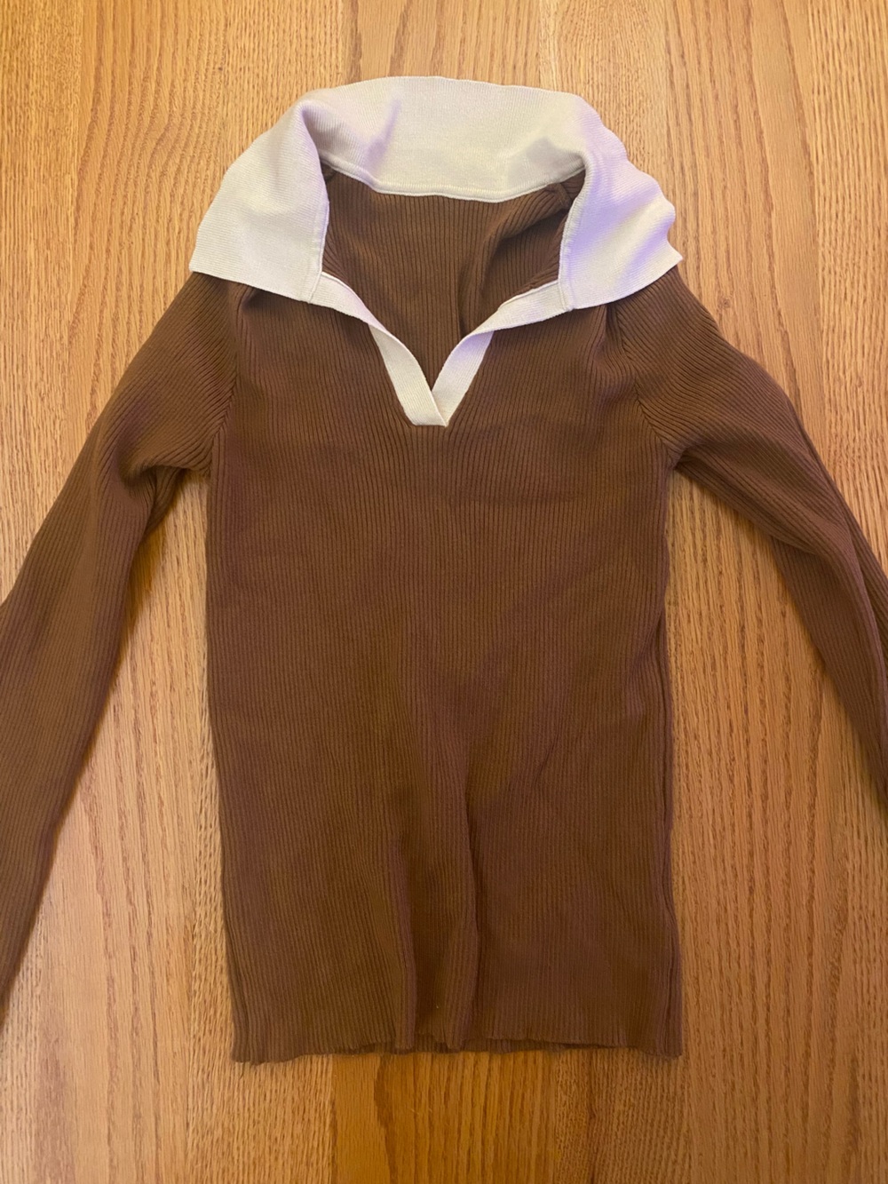 Brown Ribbed Long-Sleeve Top with Cream Tie Detail